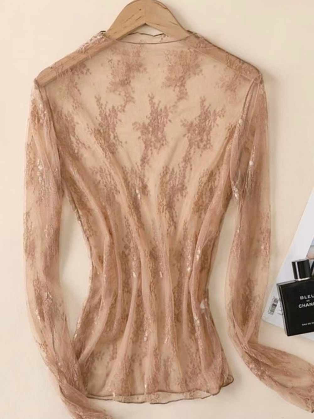 Sheer Lace Long-Sleeve Top in Latte